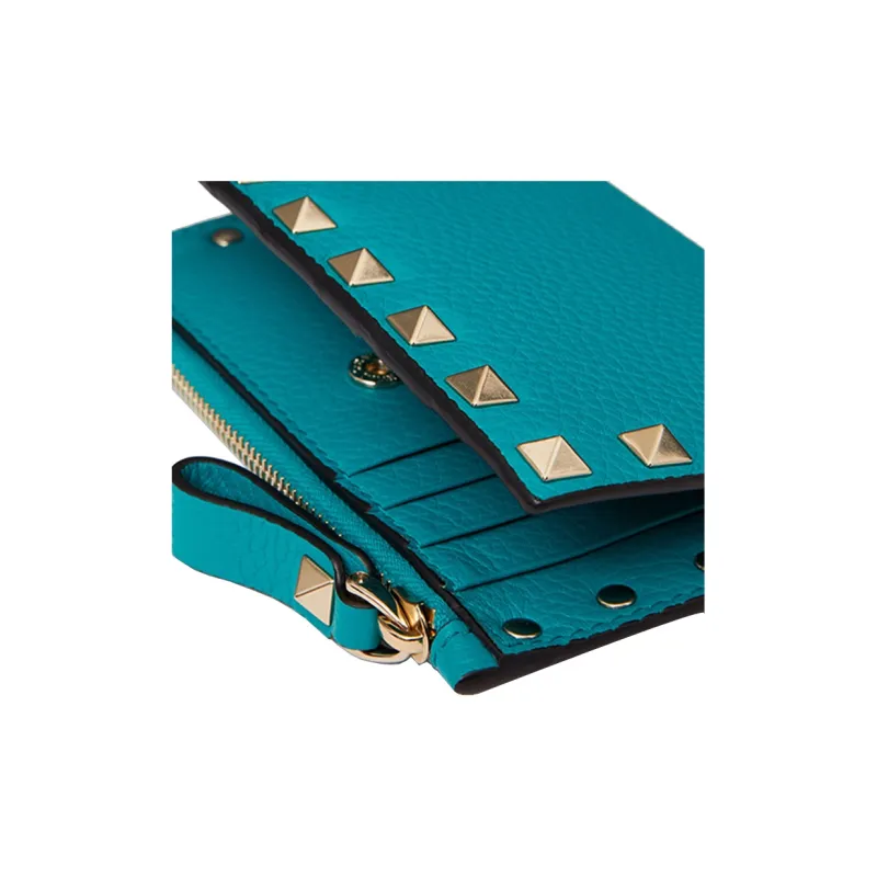 Valentino Rockstud Calfskin Wallet Coin Purses Card Holders Women's Ocean Green-4