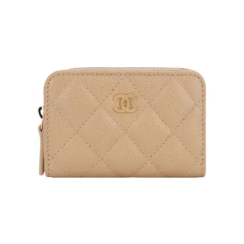 CHANEL Grain Calfskin Card Holder, Wallet Women's Beige