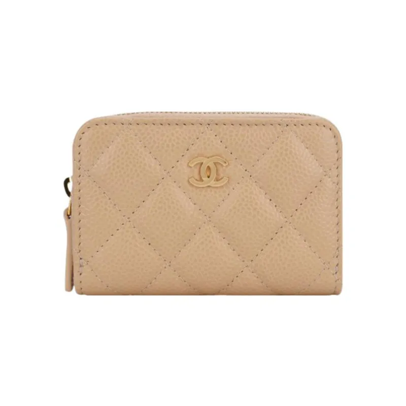 CHANEL Grain Calfskin Card Holder, Wallet Women's Beige-0