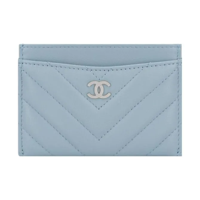 CHANEL Lambskin Card Holder Women's Light Blue-0