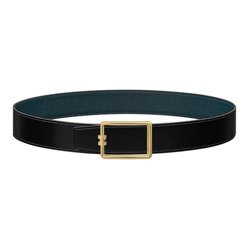 HERMES Tube H Matte H Line, Gold Smooth Buckle Calfskin Double Sided Leather Belts Men's Black Width 3.8cm-0