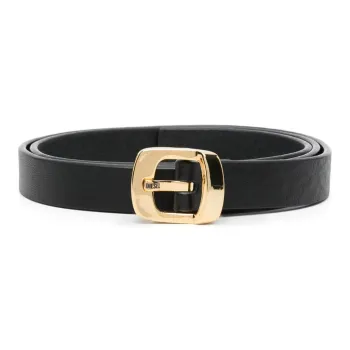 DIESEL Logo Letter Stamped Pin Buckle Calfskin Leather Belts Women's Black Width 2CM