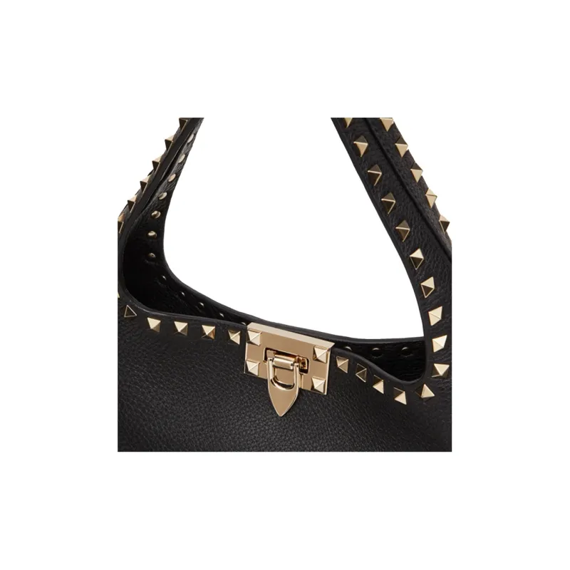 Valentino Rockstud Grained Calfskin Hobo Bag Dumpling Bag Shoulder Bag Handbag Small Size Women's Black-3