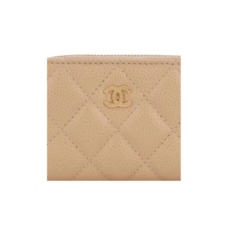 CHANEL Grain Calfskin Card Holder, Wallet Women's Beige-3