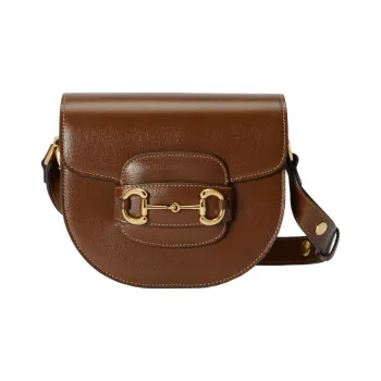 GUCCI Horsebit 1955 Leather Saddle Bag Flap Bag Shoulder Bag Mini Unisex Brown
