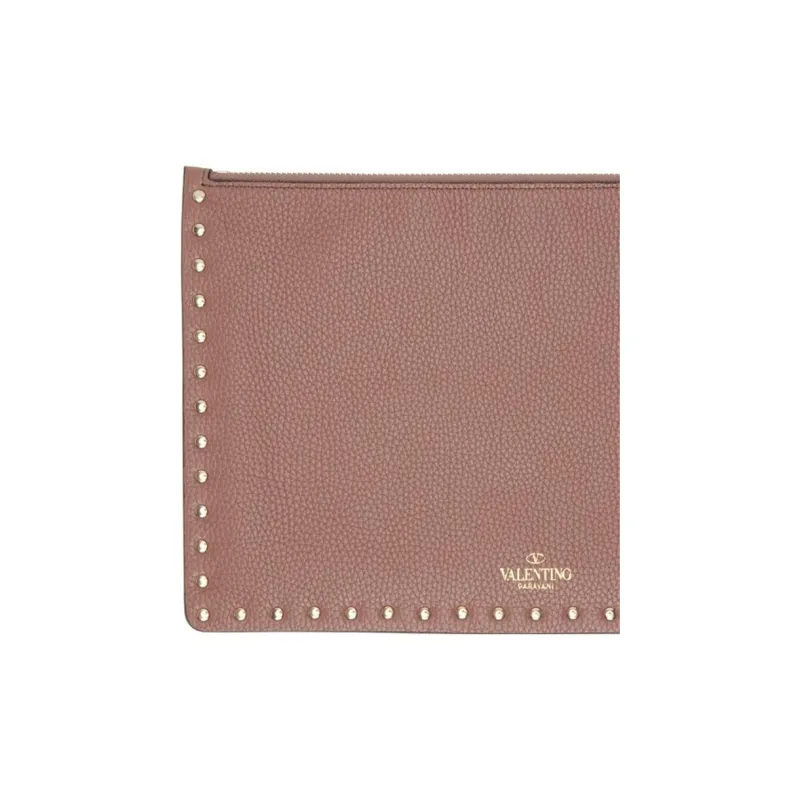 Valentino Rockstud Grained Cow Leather Clutch Large Size Women's Dark Pink-3