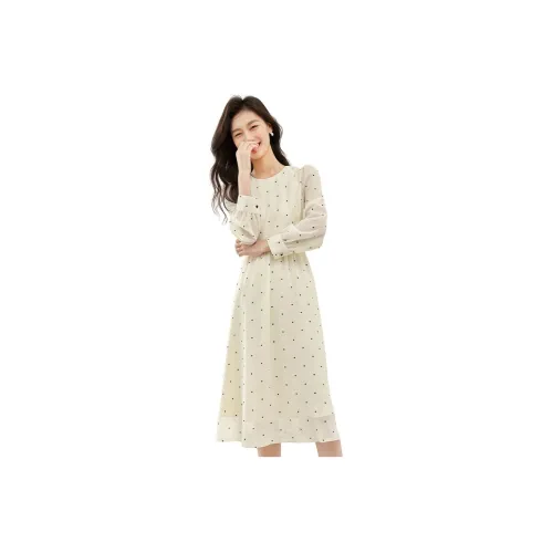 VIMLY Long-Sleeved Dresses Women's Apricot Base With Black Spots