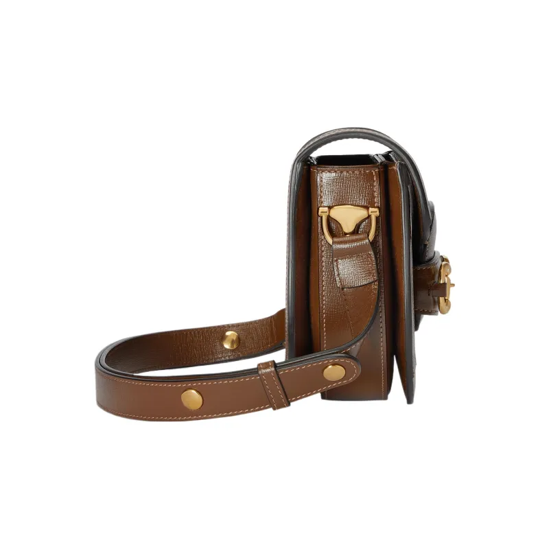GUCCI Horsebit 1955 Canvas With Leather Trim Canvas Bag, Saddle Bag, Flap Bag Shoulder Bag Mini Unisex Brown-2