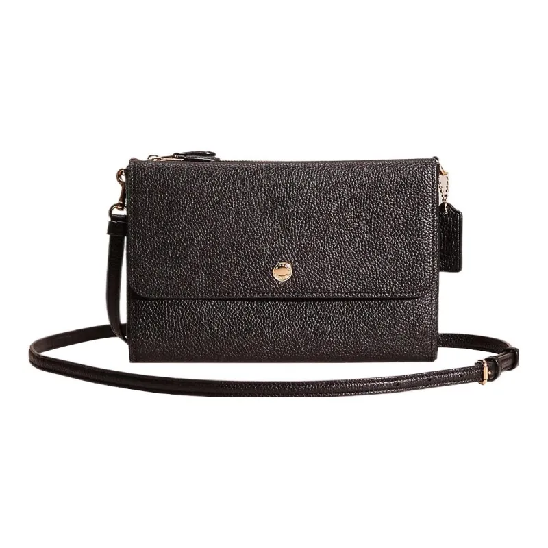 COACH Triple Pebbled Leather Envelope Bag Shoulder Bag Crossbody Bag Small Size Women's Black-0