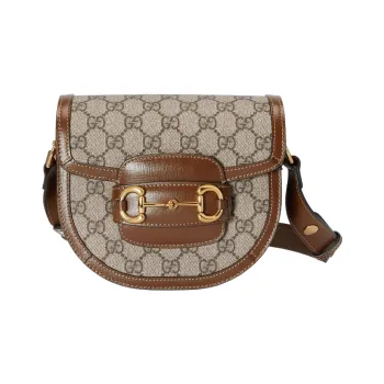 GUCCI Horsebit 1955 Canvas With Leather Trim Canvas Bag, Saddle Bag, Flap Bag Shoulder Bag Mini Unisex Brown