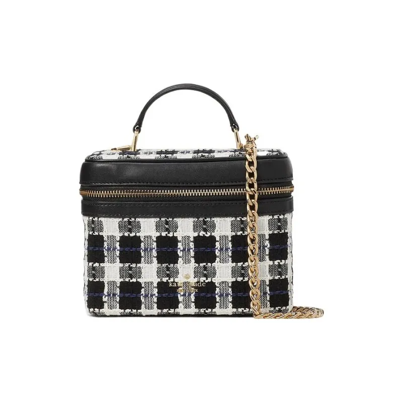 Kate Spade Flannel With Leather Box Bag, Handbag, Shoulder Bag, Crossbody Bag Women's Black White-0