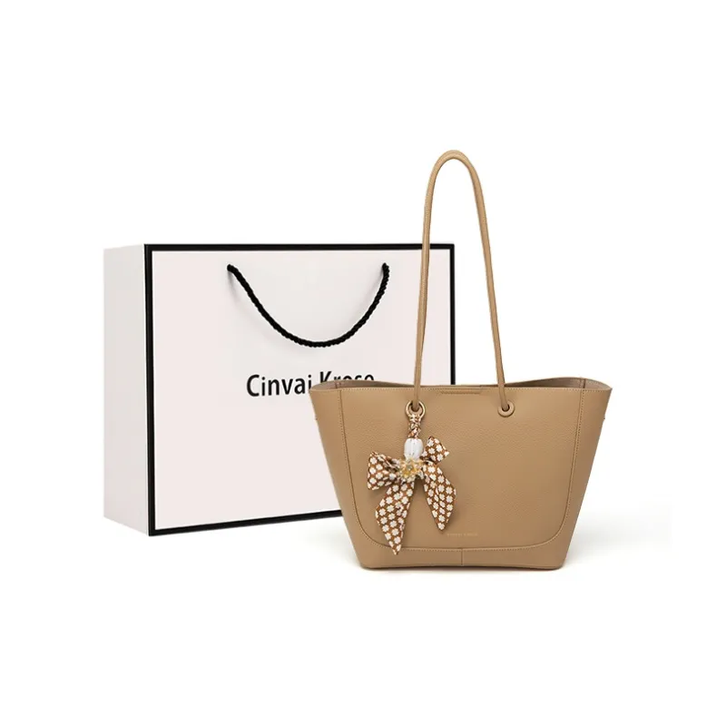 CinvaiKrose Cow Leather Tote Bag, Shopping Bag, Handbag Women's Light Coffee/Apricot-7
