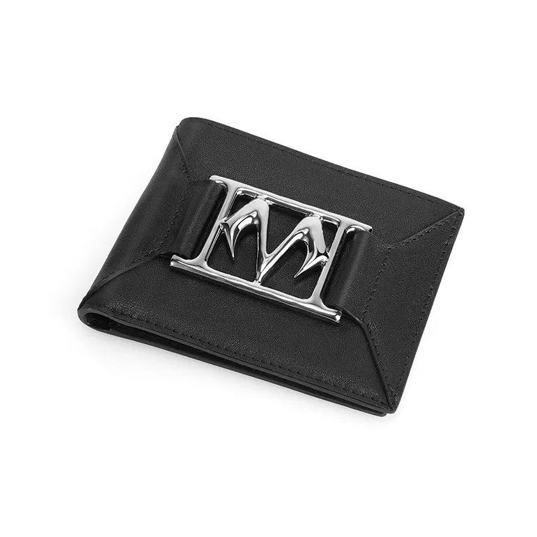 BABAMA Cow Leather With Fabric Wallet Coin Purse Unisex Black-1
