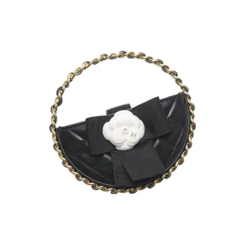 CHANEL Sheepskin With Cow Leather Carry on Bag Round Shaped Handbag Clutch Women's Black