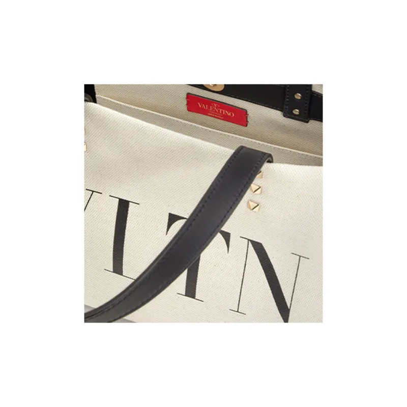 Valentino VLTN Canvas Tote Bag Shopping Bag Shoulder Bag Crossbody Bag Handbag Mini Women's Beige-3