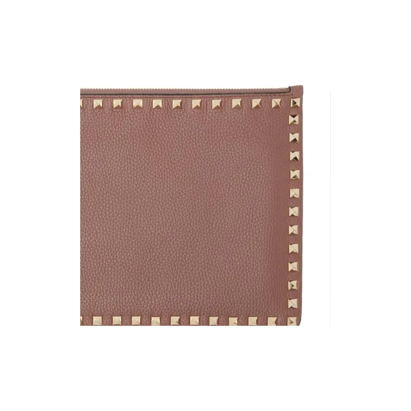 Valentino Rockstud Grained Cow Leather Clutch Large Size Women's Dark Pink-4