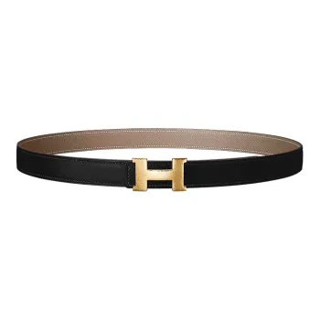 HERMES Double Sided H Shaped Decoration Smooth Buckle Leather Belts Women's Black Width 2.4CM