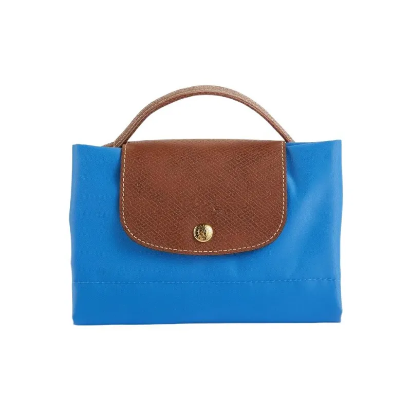 LONGCHAMP Le Pliage Green Fabric Cow Leather Patchwork Briefcases Handbags Medium Size Unisex Cobalt Blue Bag-4