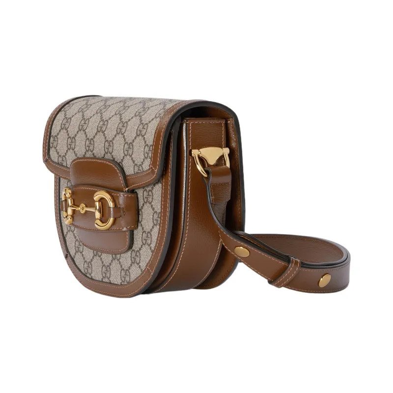 GUCCI Horsebit 1955 Canvas With Leather Trim Canvas Bag, Saddle Bag, Flap Bag Shoulder Bag Mini Unisex Brown-1