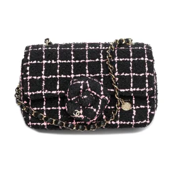 CHANEL Wool Twill Soft Woolen Camellia Flap Bag, Crossbody Bag, Shoulder Bag Women's Black & Pink