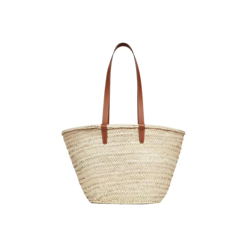 CELINE Triomphe Palm Leaf With Cow Leather Trim Basket Bag, One Shoulder Handbag Medium Size Women's Brown-2