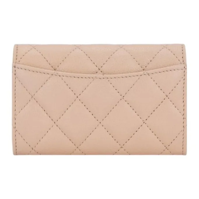 CHANEL Litchi Grain Calfskin Card Holder, Coin Purse, Wallet Trumpets Women's Light Beige-1