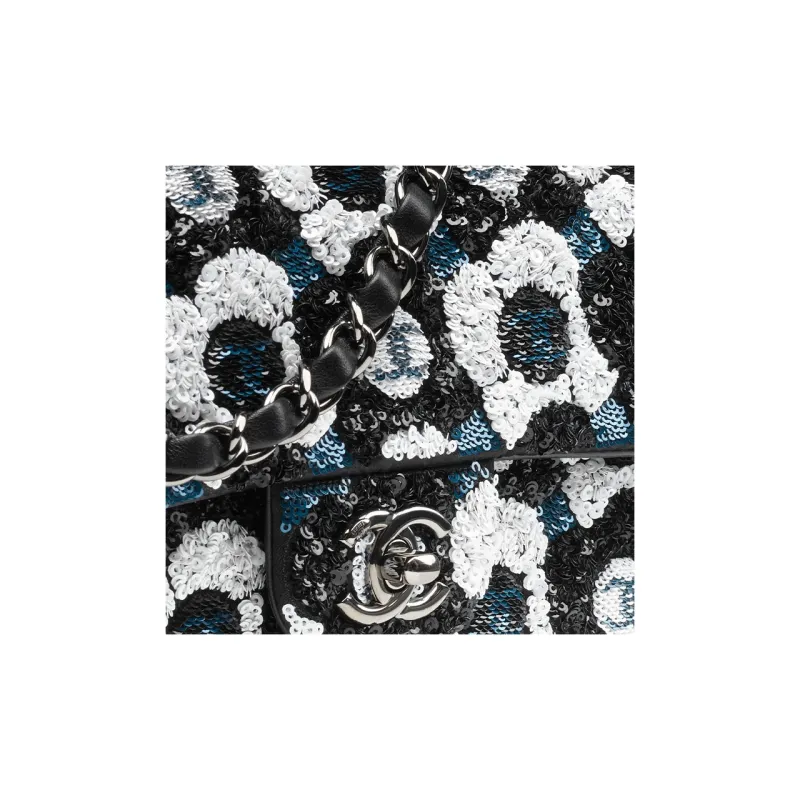 CHANEL Sequins Flap Bag, Crossbody Bag, Shoulder Bag Trumpets Women's Black & White & Blue-3