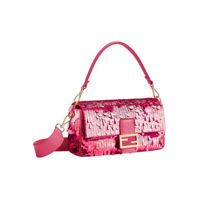 FENDI Baguette Polyester With Resin With Sheepskin Portable Crossbody Bag, Shoulder Bag Medium Size Women's Pink-1
