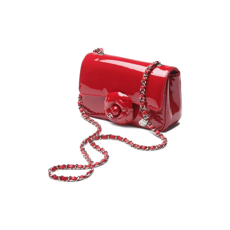 CHANEL Calf Patent Leather Camellia Flap Bag, Crossbody Bag, Shoulder Bag Women's Red-1
