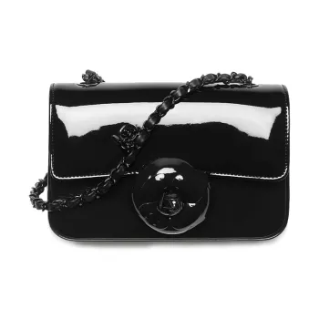 CHANEL Calf Patent Leather Camellia Flap Bag, Crossbody Bag, Shoulder Bag Trumpets Women's Black