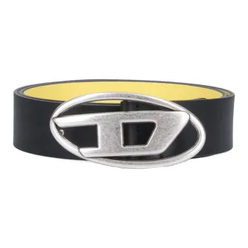 DIESEL Brand Logo Smooth Buckle Leather Belts Men's Black Width 4cm