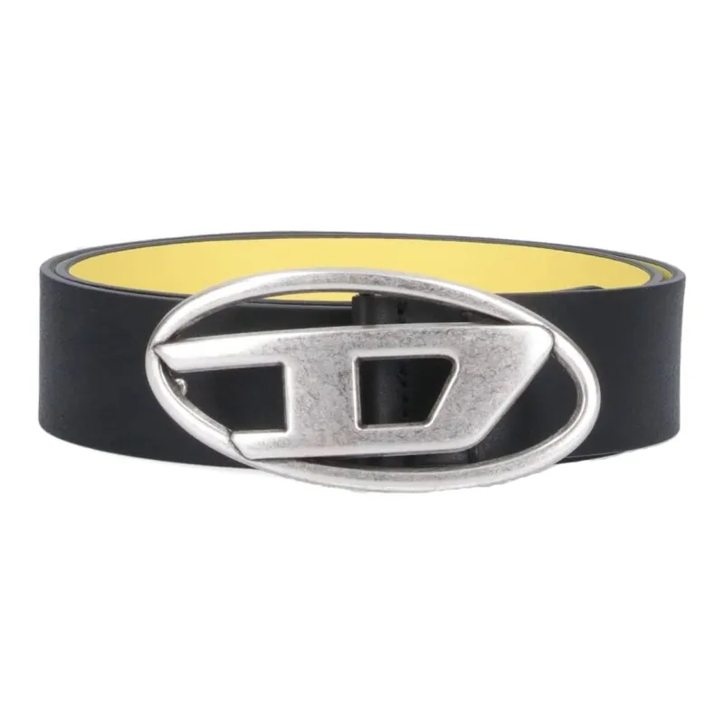 DIESEL Brand Logo Smooth Buckle Leather Belts Men's Black Width 4cm-0