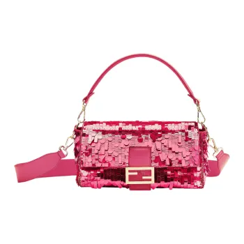FENDI Baguette Polyester With Resin With Sheepskin Portable Crossbody Bag, Shoulder Bag Medium Size Women's Pink
