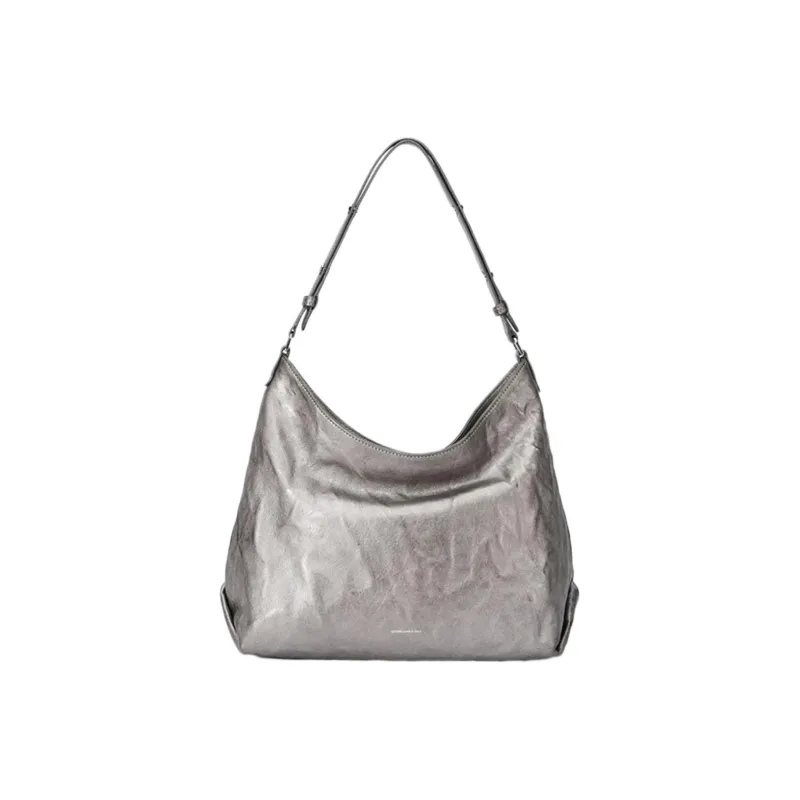 GROTTO Hobo Series Vegetable Tanned Sheepskin One Shoulder Crossbody Soft Bag Trumpets Unisex Moon Silver-2