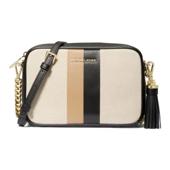 MICHAEL KORS Leather Camera Bag, Shoulder Bag, Crossbody Bag Medium Size Women's Black/Camel