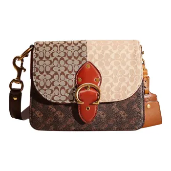 COACH Beat Canvas With Leather Saddle Bag Portable Crossbody Bag Shoulder Bag Medium Size Women's Tan & Suede Rust