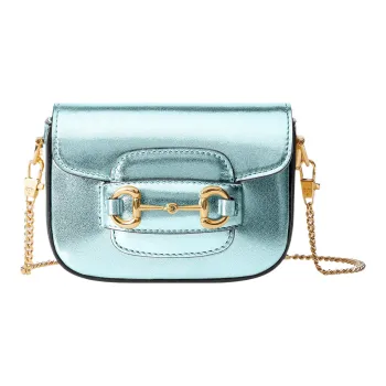 GUCCI Horsebit 1955 Layered Leather Shoulder Bag Crossbody Bag Mini Women's Light Blue