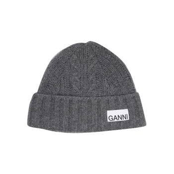 GANNI Logo patch Ribbed knit Beanie