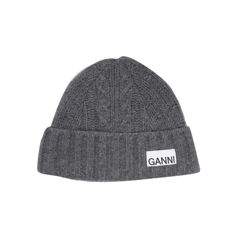 GANNI Logo patch Ribbed knit Beanie-0