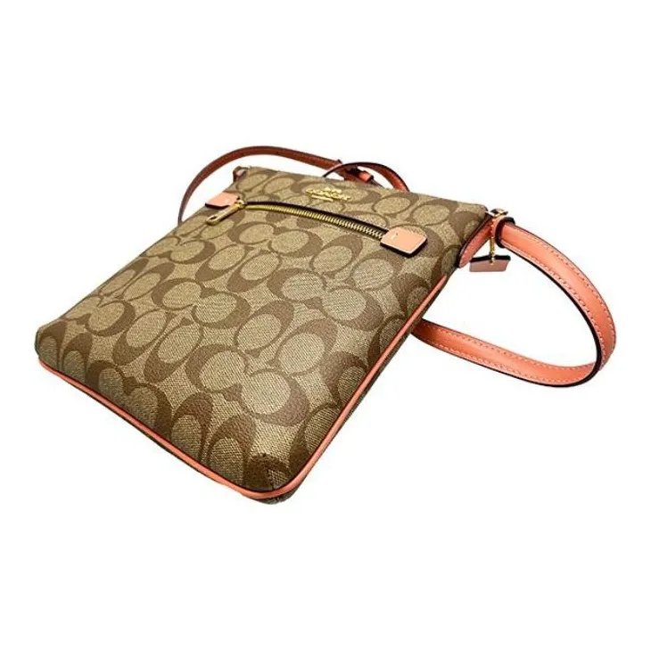 COACH Rowan Canvas With Leather Document Bag, Shoulder Bag, Crossbody Bag Trumpets Women's Khaki & Light Coral-4