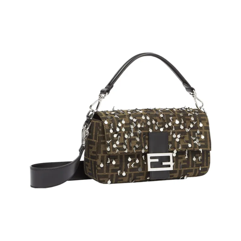 FENDI Baguette Calfskin With Polyester And Cotton Shoulder Bag, Crossbody Bag, Handbag Regular Men's Brown-1