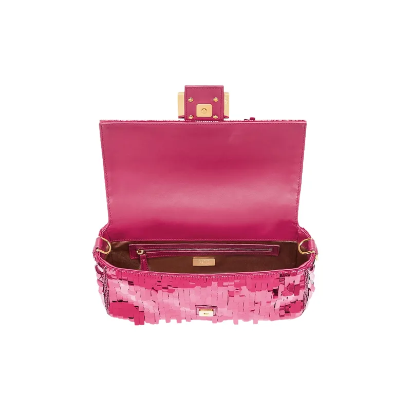 FENDI Baguette Polyester With Resin With Sheepskin Portable Crossbody Bag, Shoulder Bag Medium Size Women's Pink-3