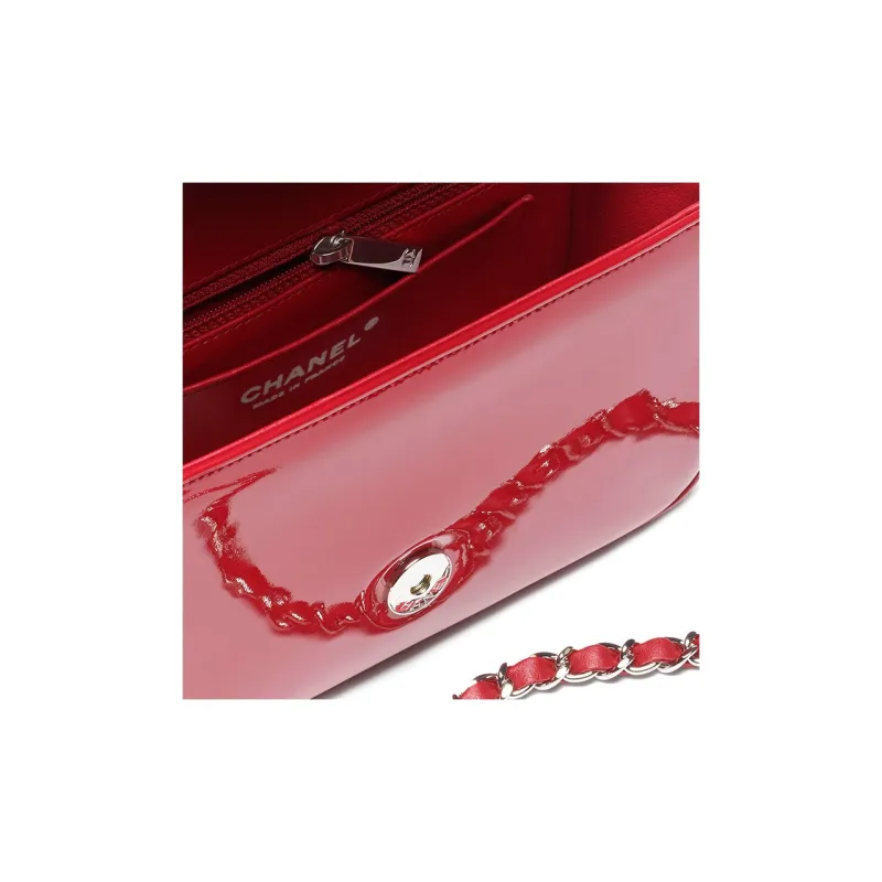 CHANEL Calf Patent Leather Camellia Flap Bag, Crossbody Bag, Shoulder Bag Women's Red-3