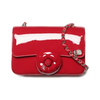 CHANEL Calf Patent Leather Camellia Flap Bag, Crossbody Bag, Shoulder Bag Women's Red