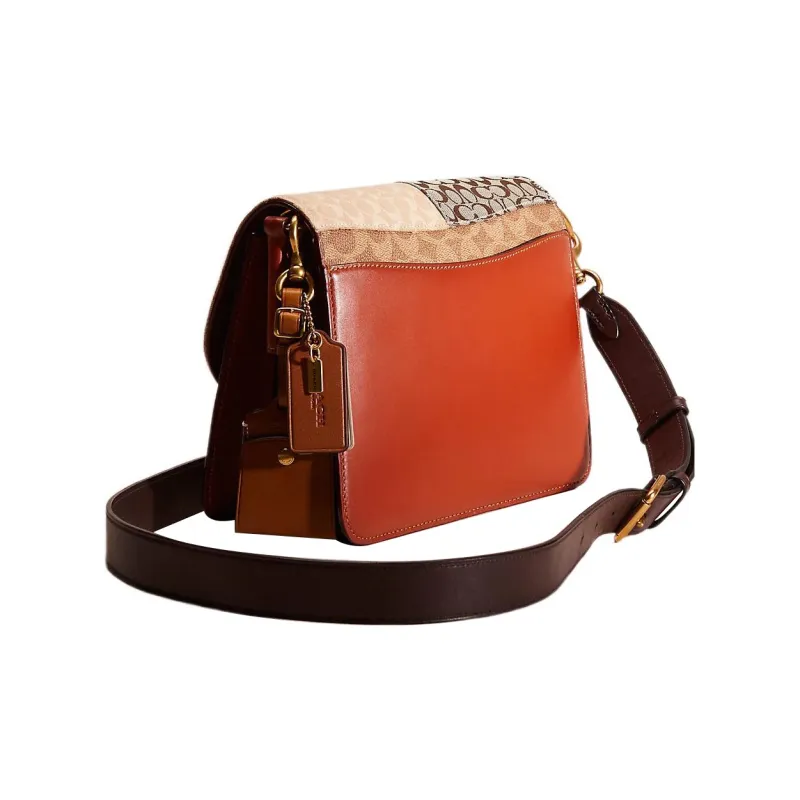 COACH Beat Canvas With Leather Saddle Bag Portable Crossbody Bag Shoulder Bag Medium Size Women's Tan & Suede Rust-1