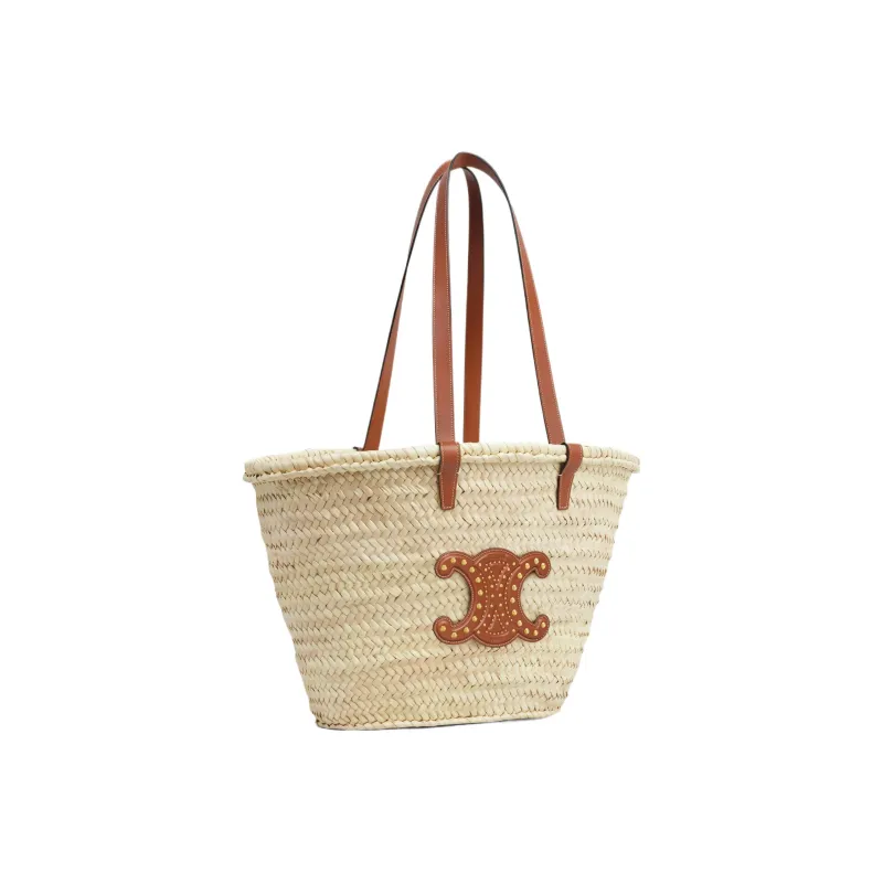 CELINE Triomphe Palm Leaf With Cow Leather Trim Basket Bag, One Shoulder Handbag Medium Size Women's Brown-1