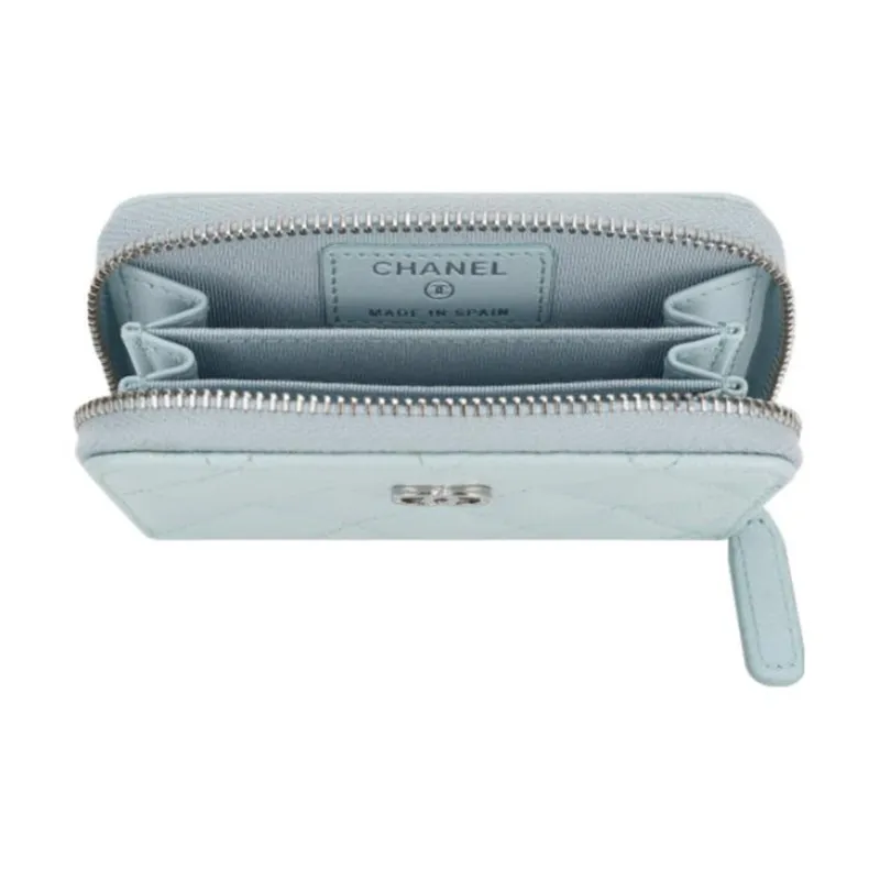 CHANEL Grain Calfskin Coin Purse Women's Light Blue-2