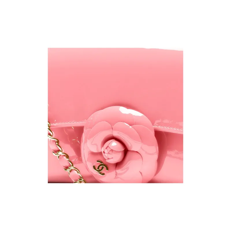 CHANEL Gold Coin Collection Calf Patent Leather Camellia Flap Bag, Crossbody Bag, Shoulder Bag Trumpets Women's Pink-2