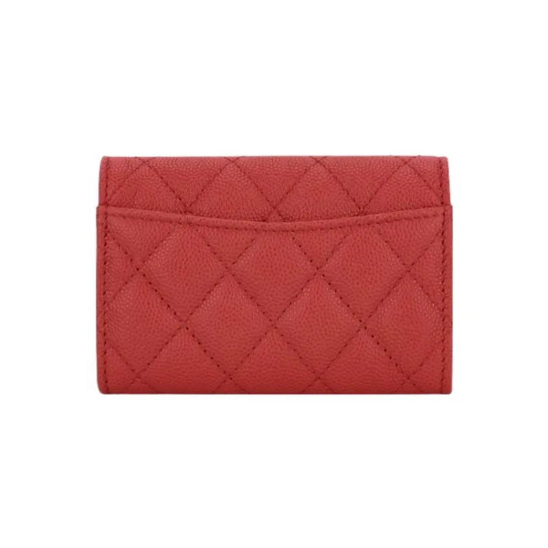 CHANEL Litchi Grain Cow Leather Card Holder Women's Red-1
