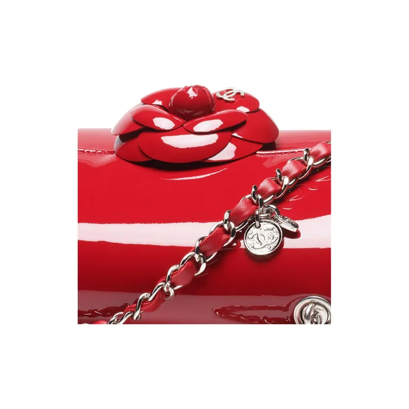 CHANEL Calf Patent Leather Camellia Flap Bag, Crossbody Bag, Shoulder Bag Women's Red-2